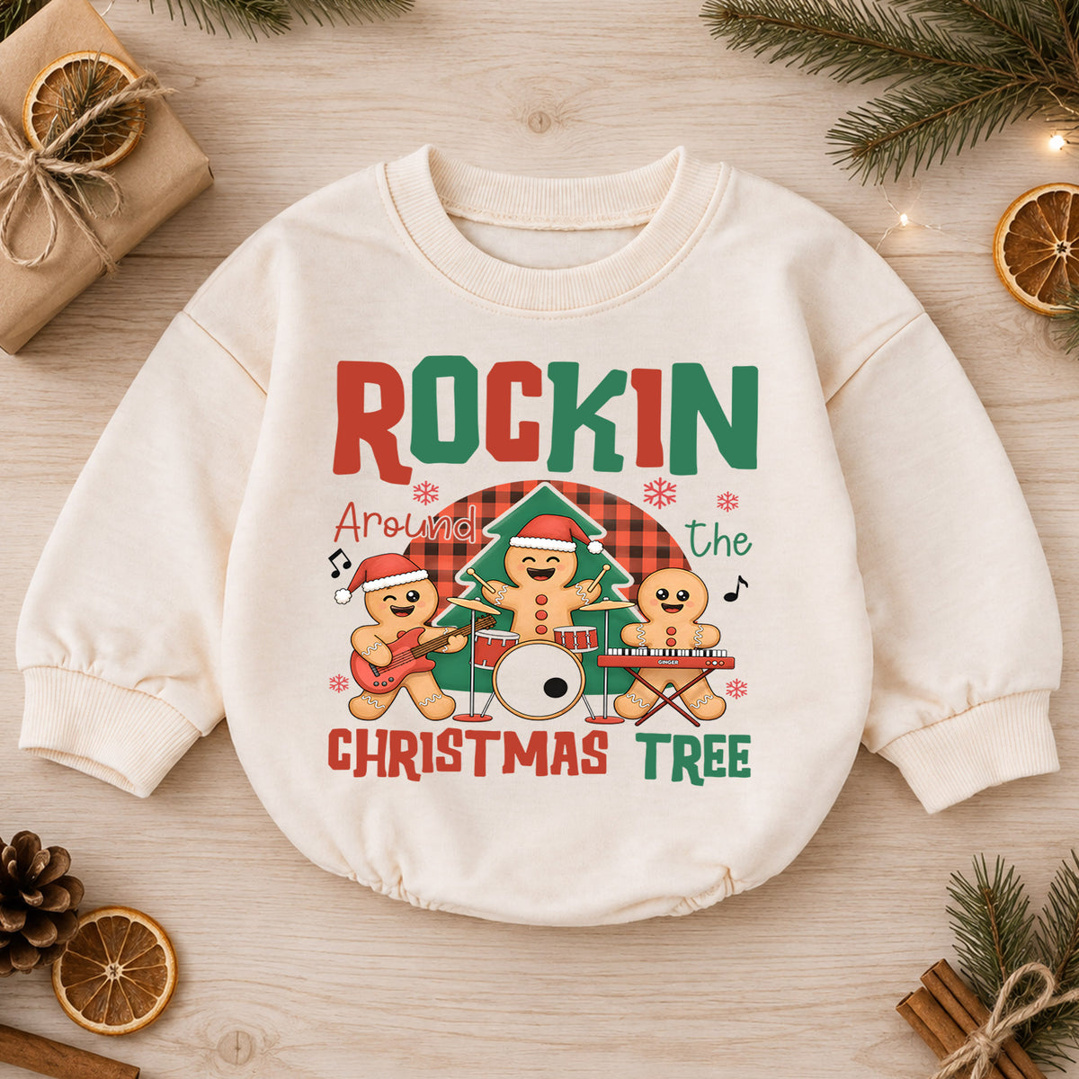 Rockin Around the Christmas Tree Gingerbread Baby Romper, Holiday Music Band Outfit, Cute Gingerbread Xmas Romper Gift for Baby — product view 1