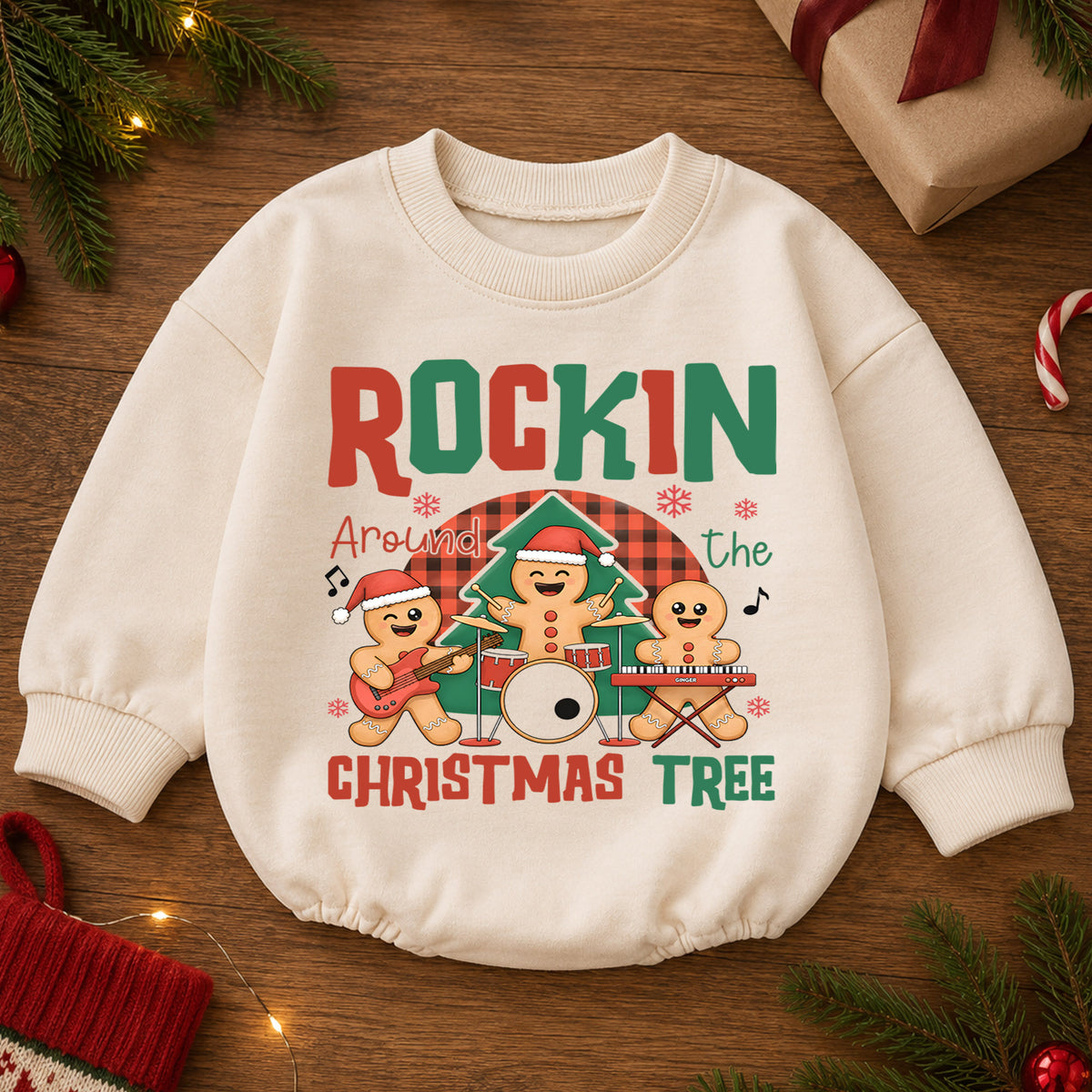 Rockin Around the Christmas Tree Gingerbread Baby Romper, Holiday Music Band Outfit, Cute Gingerbread Xmas Romper Gift for Baby — product view 2