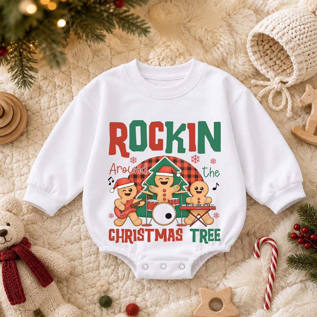 Rockin Around the Christmas Tree Gingerbread Baby Romper, Holiday Music Band Outfit, Cute Gingerbread Xmas Romper Gift for Baby — product view 3
