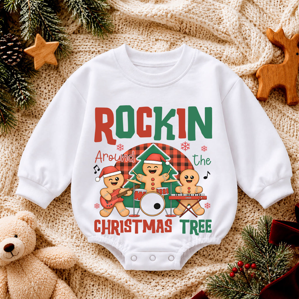 Rockin Around the Christmas Tree Gingerbread Baby Romper, Holiday Music Band Outfit, Cute Gingerbread Xmas Romper Gift for Baby — product view 4