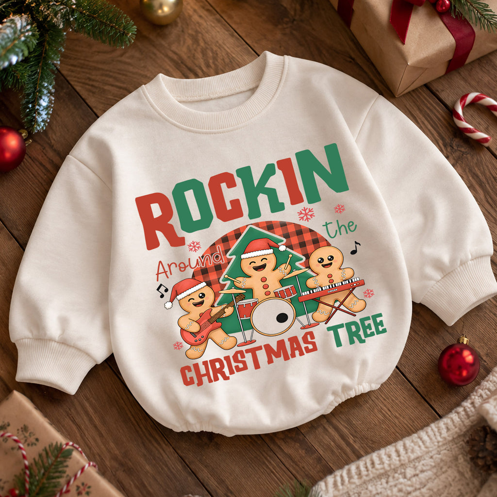 Rockin Around the Christmas Tree Gingerbread Baby Romper, Holiday Music Band Outfit, Cute Gingerbread Xmas Romper Gift for Baby — product view 5