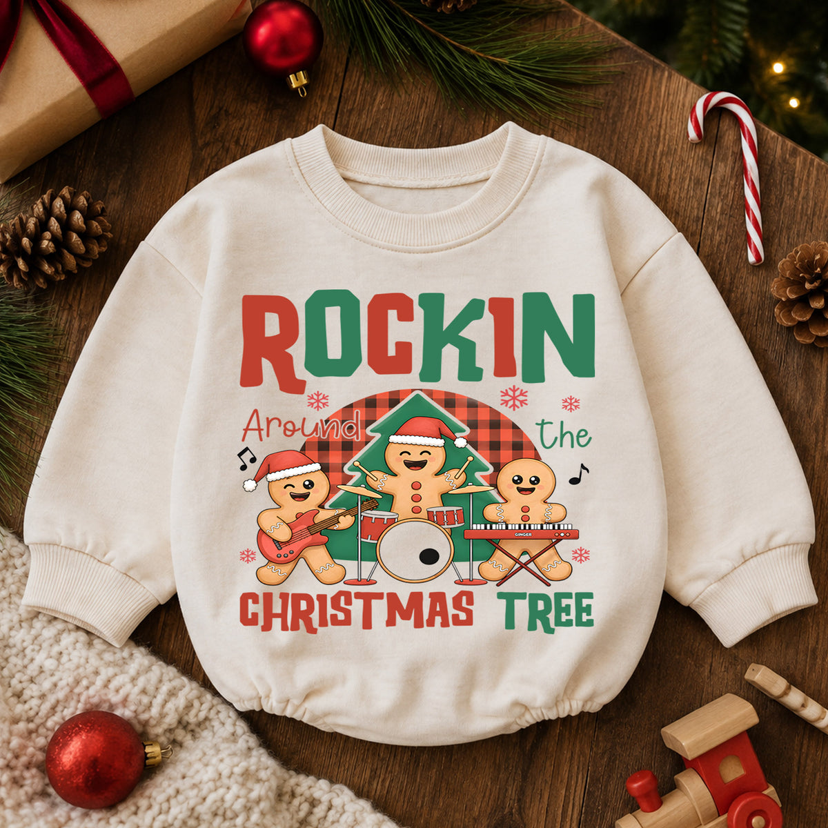 Rockin Around the Christmas Tree Gingerbread Baby Romper, Holiday Music Band Outfit, Cute Gingerbread Xmas Romper Gift for Baby — product view 6
