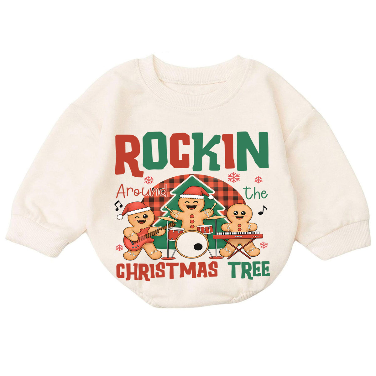 Rockin Around the Christmas Tree Gingerbread Baby Romper, Holiday Music Band Outfit, Cute Gingerbread Xmas Romper Gift for Baby — product view 7