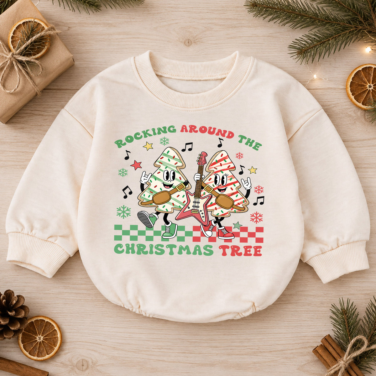 Rocking Around the Christmas Tree Baby Romper, Christmas Tree Cookie Rock Band Outfit, Retro Holiday Music Xmas Gift for Baby — product view 1