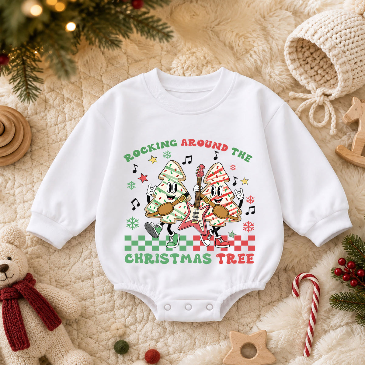 Rocking Around the Christmas Tree Baby Romper, Christmas Tree Cookie Rock Band Outfit, Retro Holiday Music Xmas Gift for Baby — product view 3