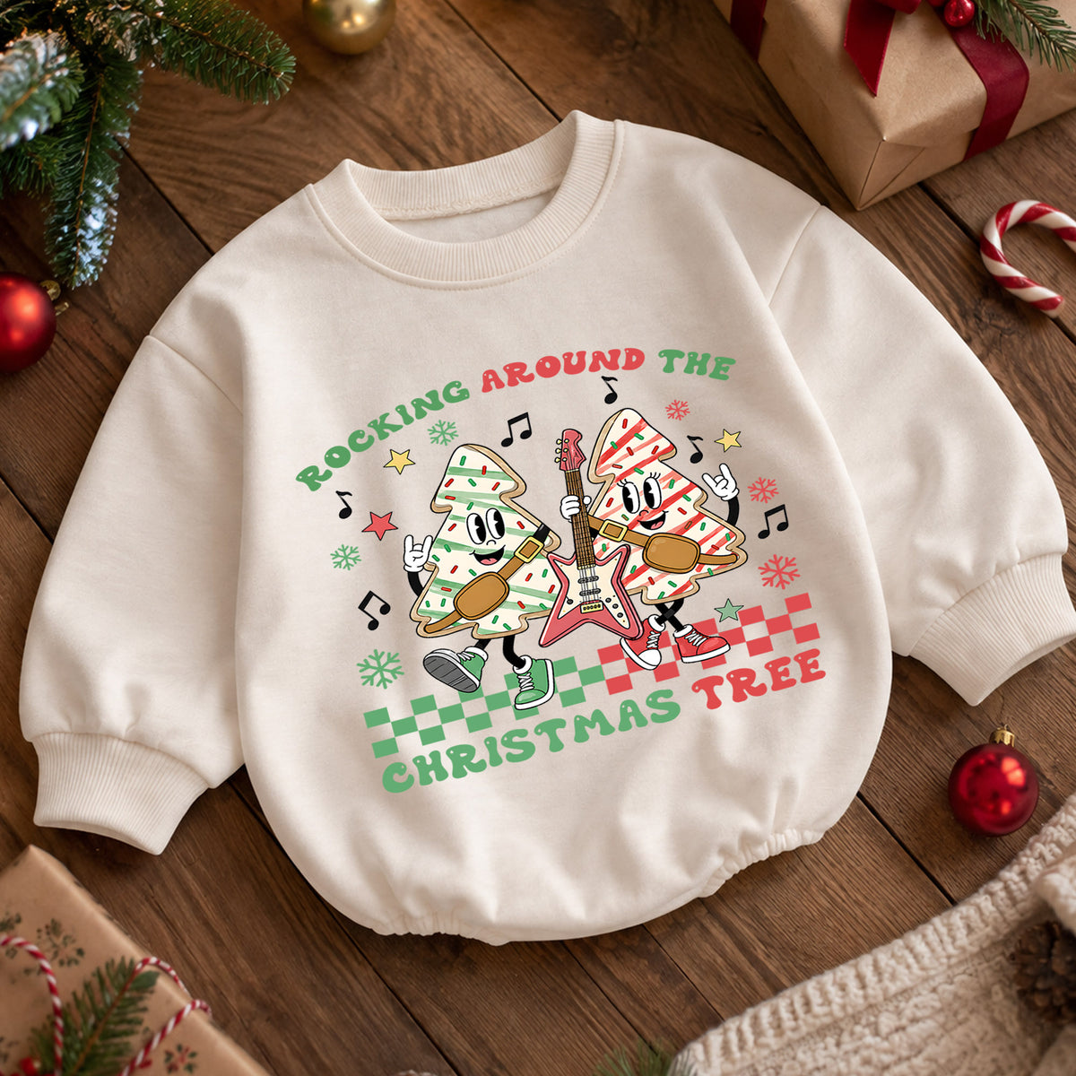 Rocking Around the Christmas Tree Baby Romper, Christmas Tree Cookie Rock Band Outfit, Retro Holiday Music Xmas Gift for Baby — product view 5