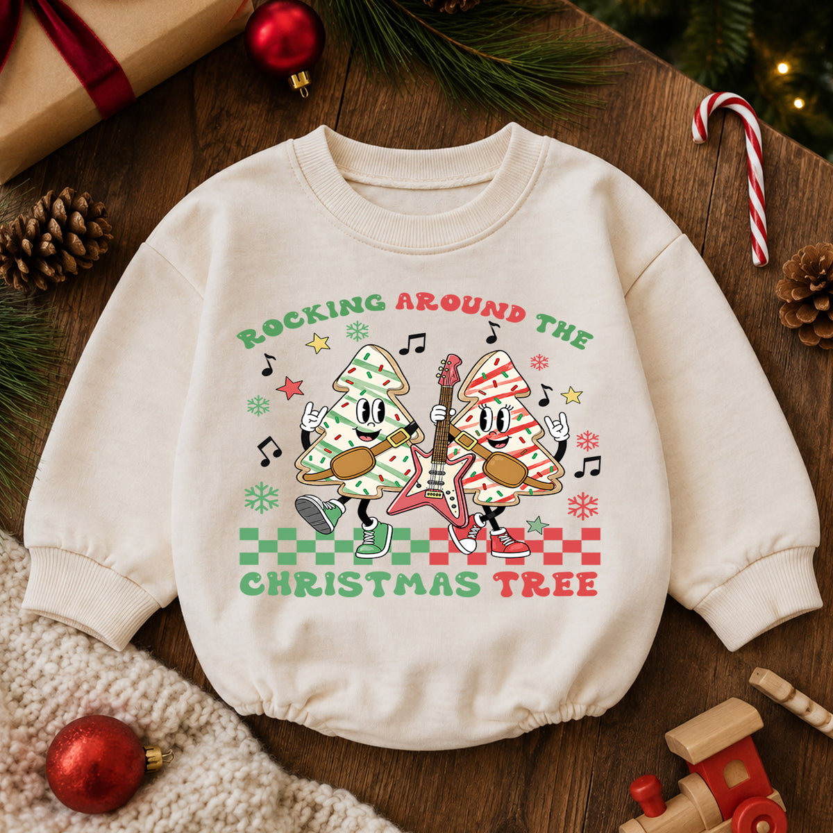 Rocking Around the Christmas Tree Baby Romper, Christmas Tree Cookie Rock Band Outfit, Retro Holiday Music Xmas Gift for Baby — product view 6