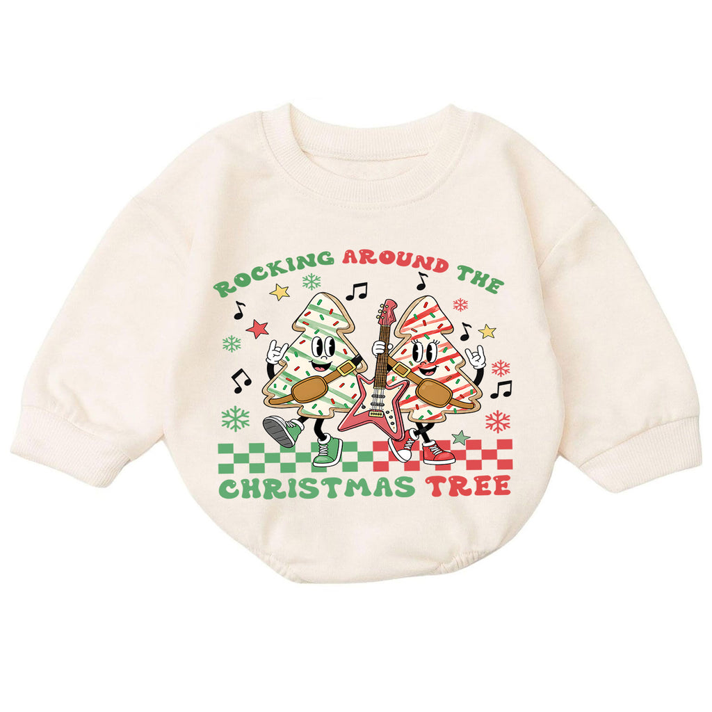 Rocking Around the Christmas Tree Baby Romper, Christmas Tree Cookie Rock Band Outfit, Retro Holiday Music Xmas Gift for Baby — product view 7