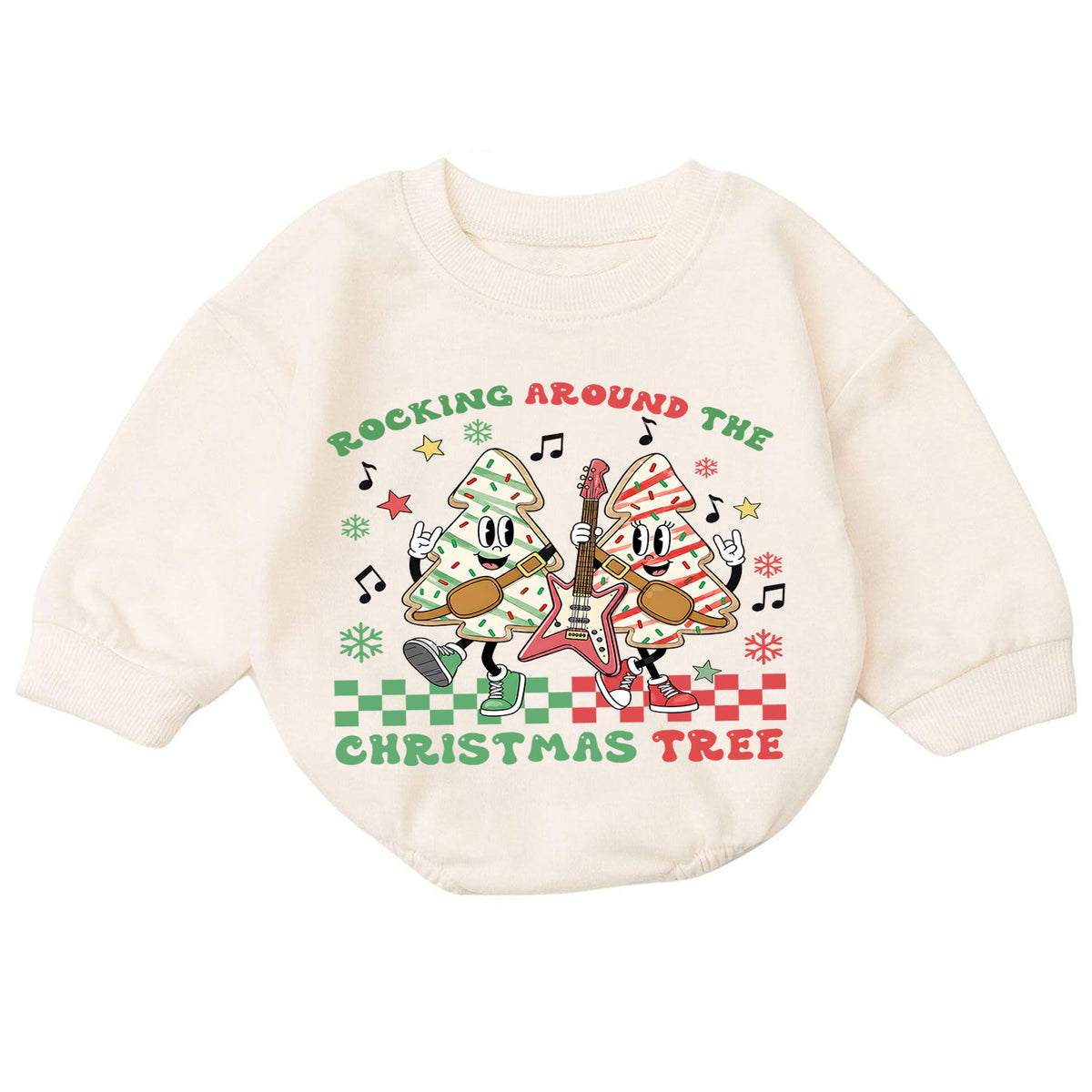 Rocking Around the Christmas Tree Baby Romper, Christmas Tree Cookie Rock Band Outfit, Retro Holiday Music Xmas Gift for Baby — product view 7