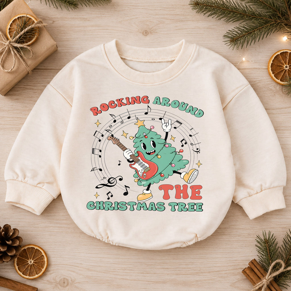 Rocking Around the Christmas Tree Baby Romper, Guitar Christmas Tree Holiday Outfit, Retro Music Xmas Romper Gift for Baby — product view 1
