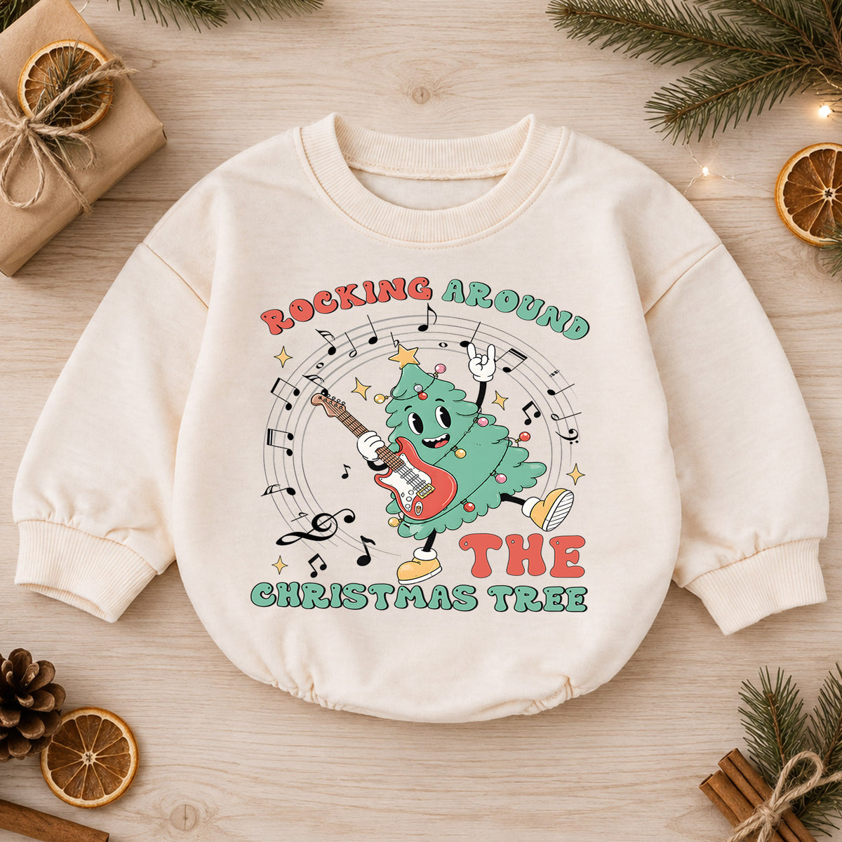 Rocking Around the Christmas Tree Baby Romper, Guitar Christmas Tree Holiday Outfit, Retro Music Xmas Romper Gift for Baby — product view 1