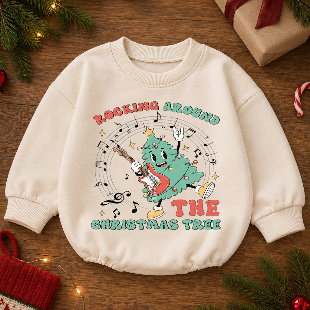 Rocking Around the Christmas Tree Baby Romper, Guitar Christmas Tree Holiday Outfit, Retro Music Xmas Romper Gift for Baby — product view 2