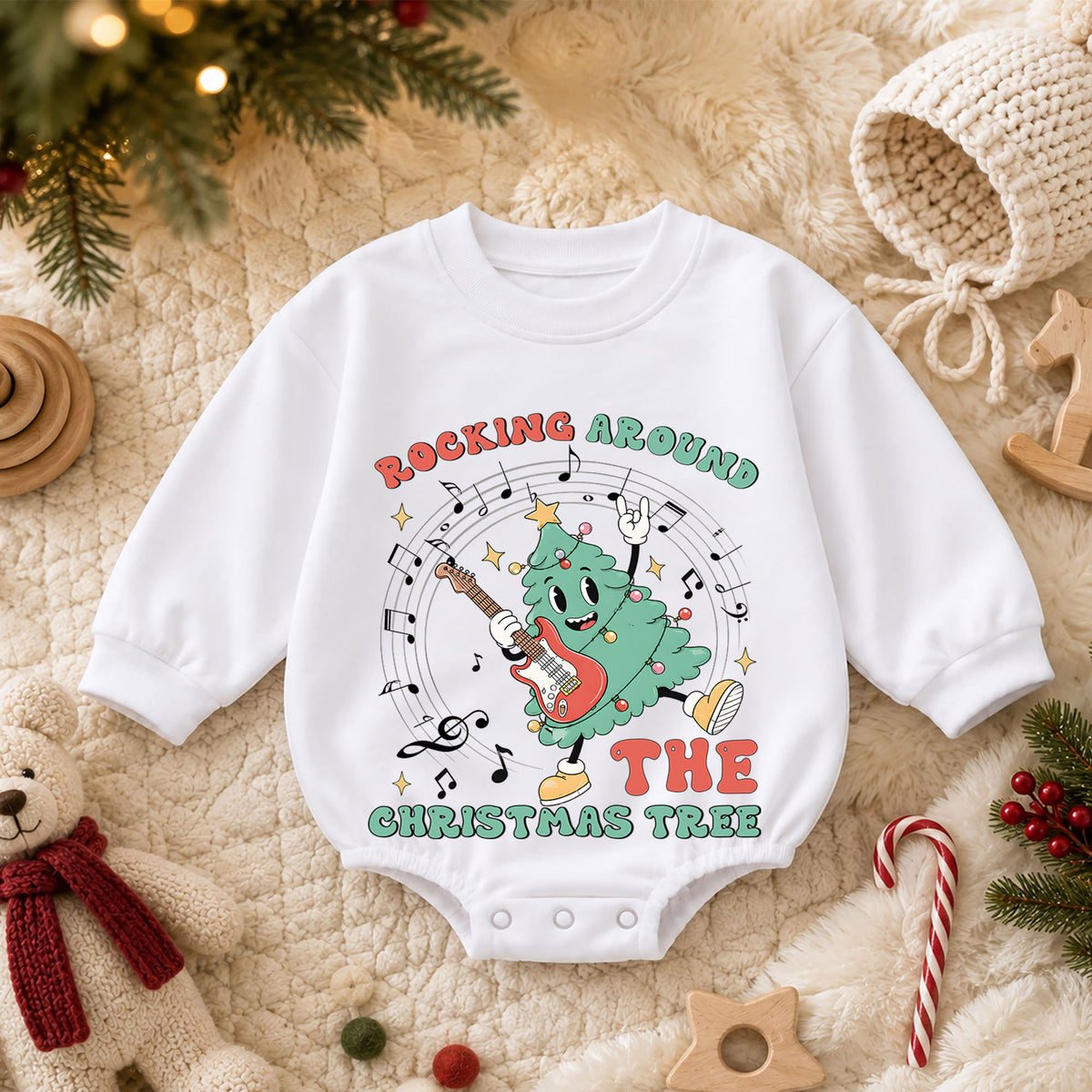 Rocking Around the Christmas Tree Baby Romper, Guitar Christmas Tree Holiday Outfit, Retro Music Xmas Romper Gift for Baby — product view 3