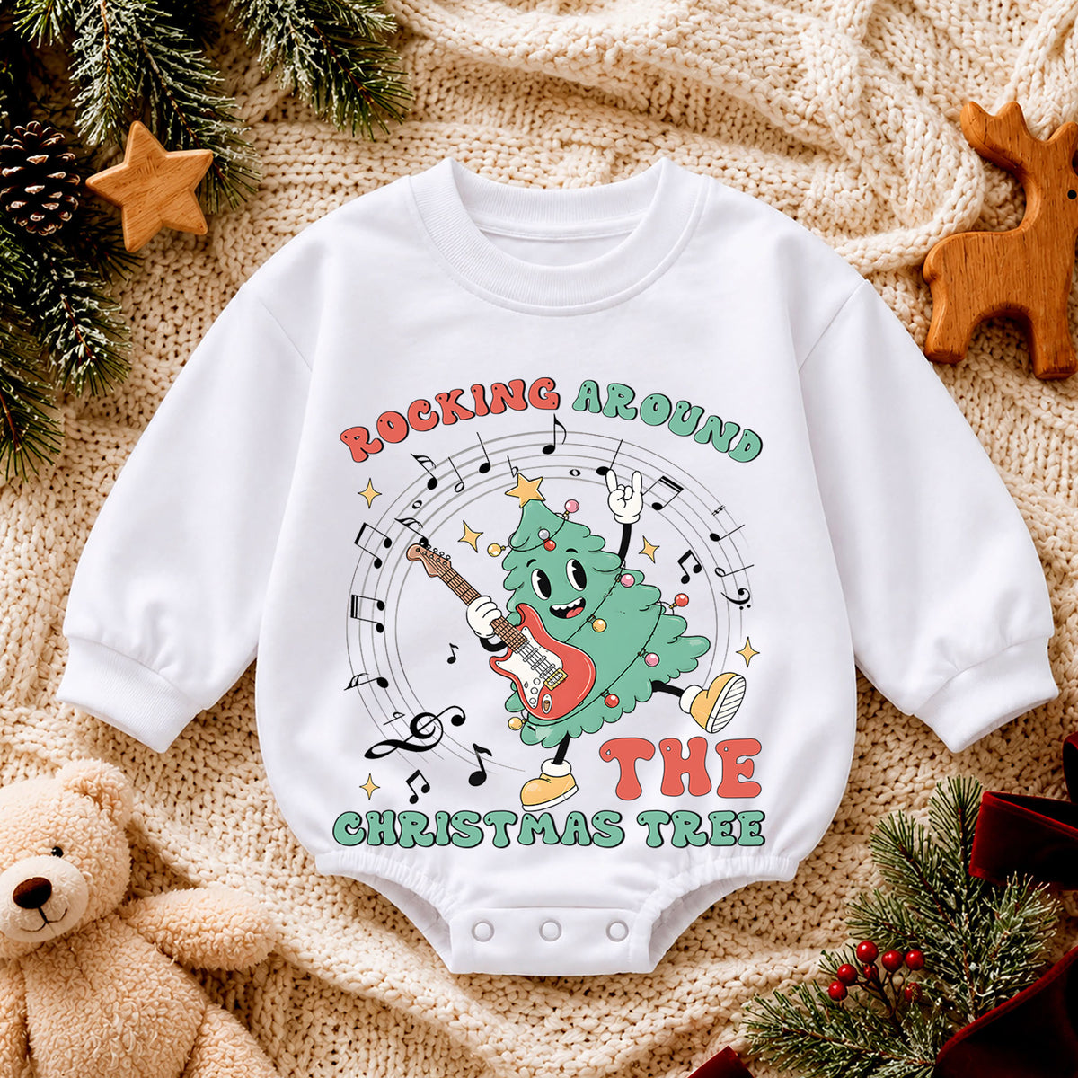 Rocking Around the Christmas Tree Baby Romper, Guitar Christmas Tree Holiday Outfit, Retro Music Xmas Romper Gift for Baby — product view 4