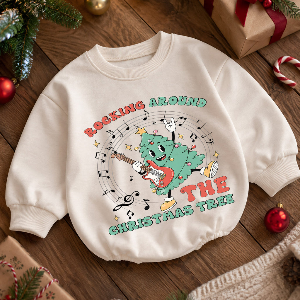 Rocking Around the Christmas Tree Baby Romper, Guitar Christmas Tree Holiday Outfit, Retro Music Xmas Romper Gift for Baby — product view 5