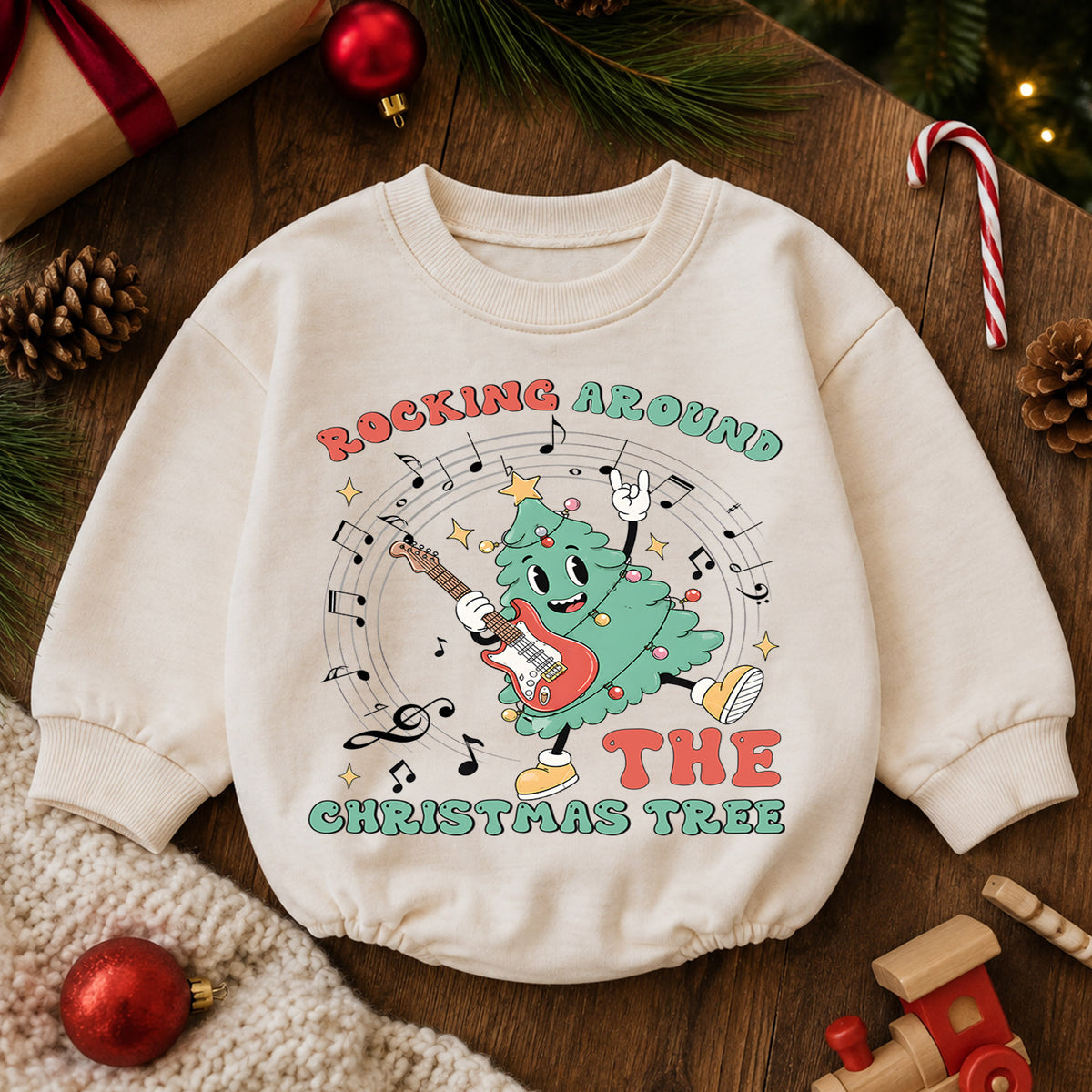 Rocking Around the Christmas Tree Baby Romper, Guitar Christmas Tree Holiday Outfit, Retro Music Xmas Romper Gift for Baby — product view 6