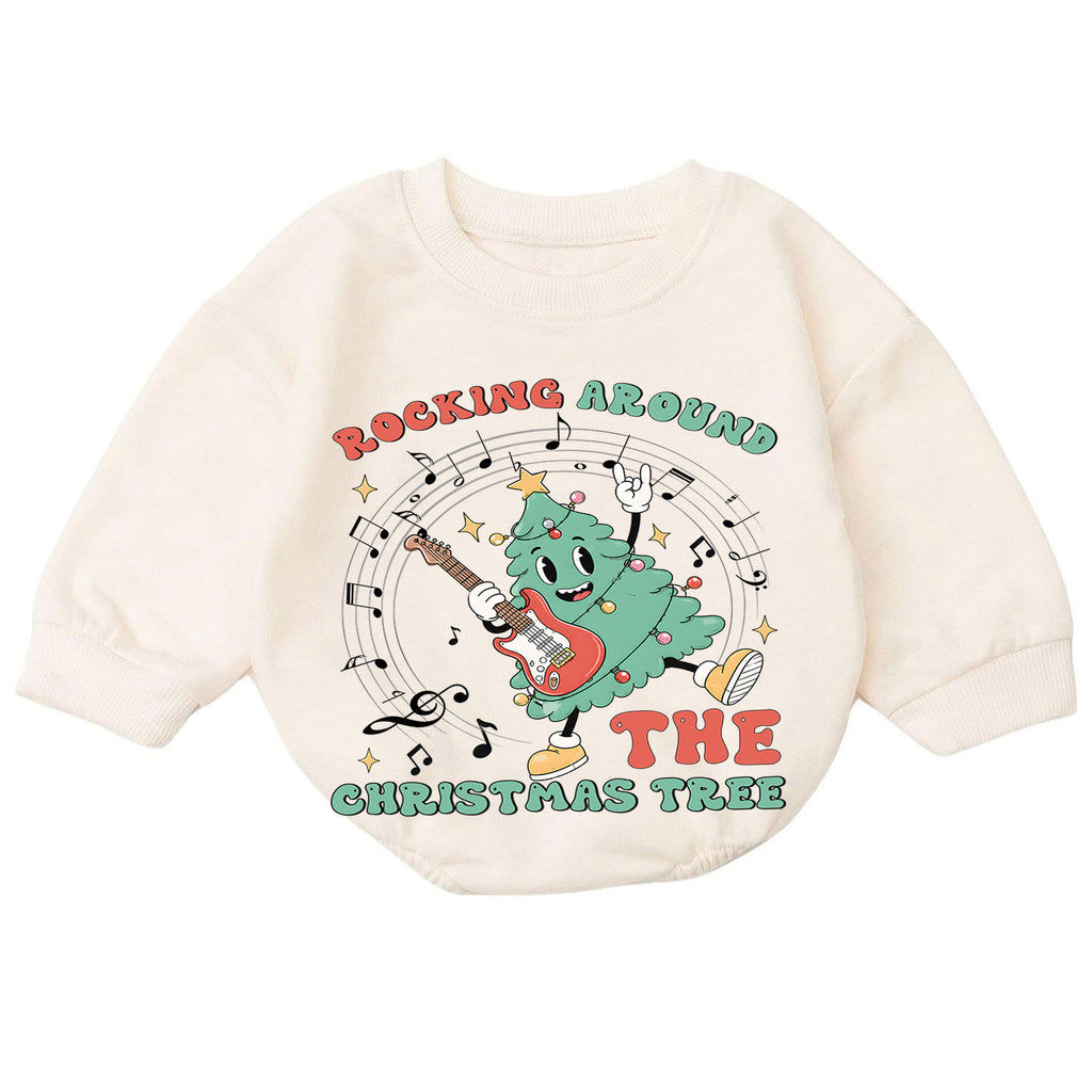 Rocking Around the Christmas Tree Baby Romper, Guitar Christmas Tree Holiday Outfit, Retro Music Xmas Romper Gift for Baby — product view 7