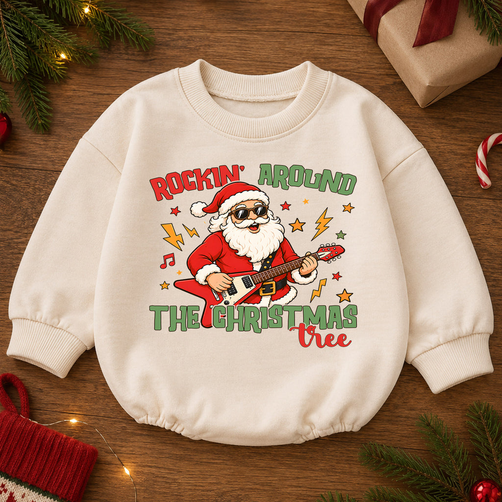 Rockin Around the Christmas Tree Santa Baby Romper, Santa Guitar Christmas Outfit, Rock and Roll Holiday Romper, Xmas Gift for Baby — product view 2