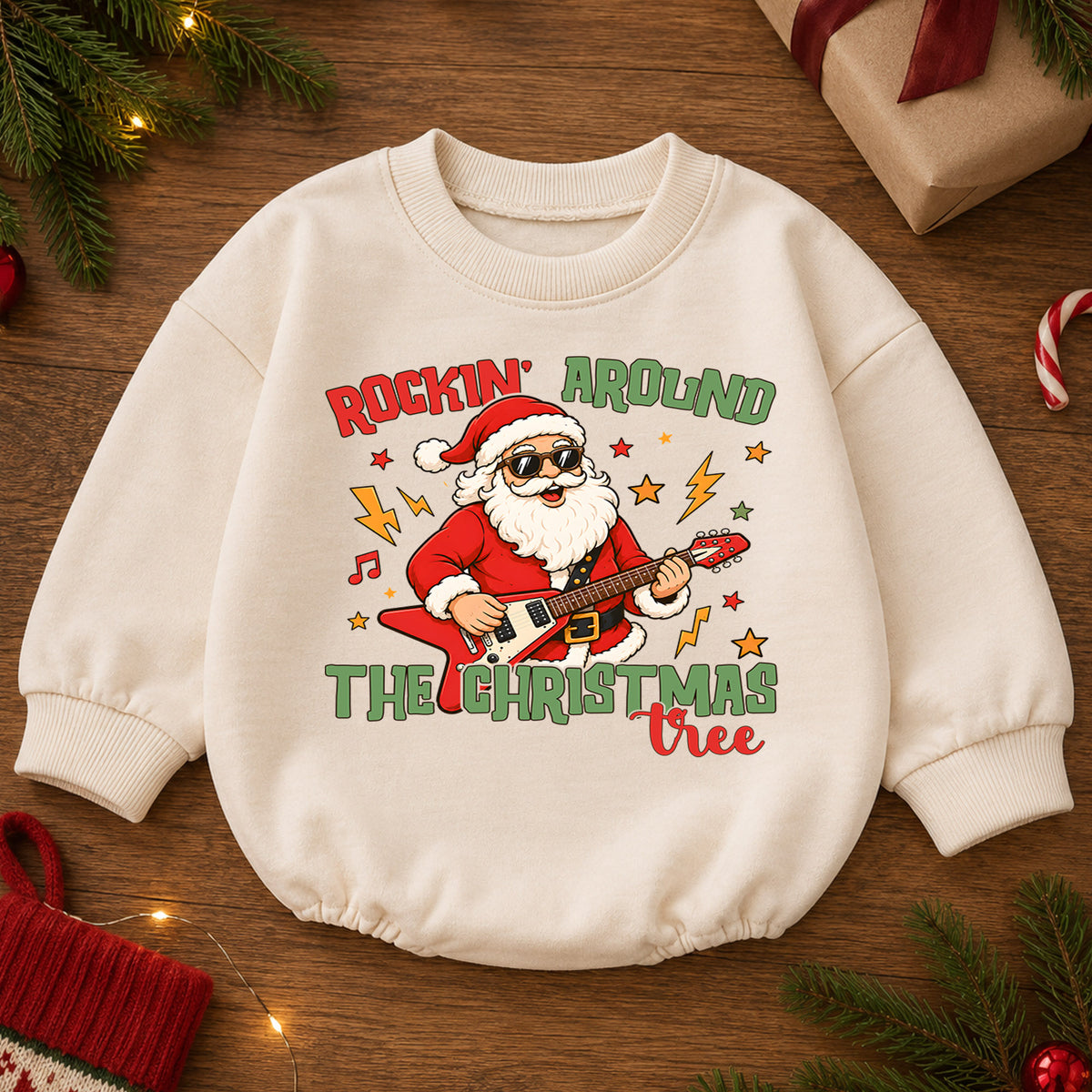 Rockin Around the Christmas Tree Santa Baby Romper, Santa Guitar Christmas Outfit, Rock and Roll Holiday Romper, Xmas Gift for Baby — product view 2