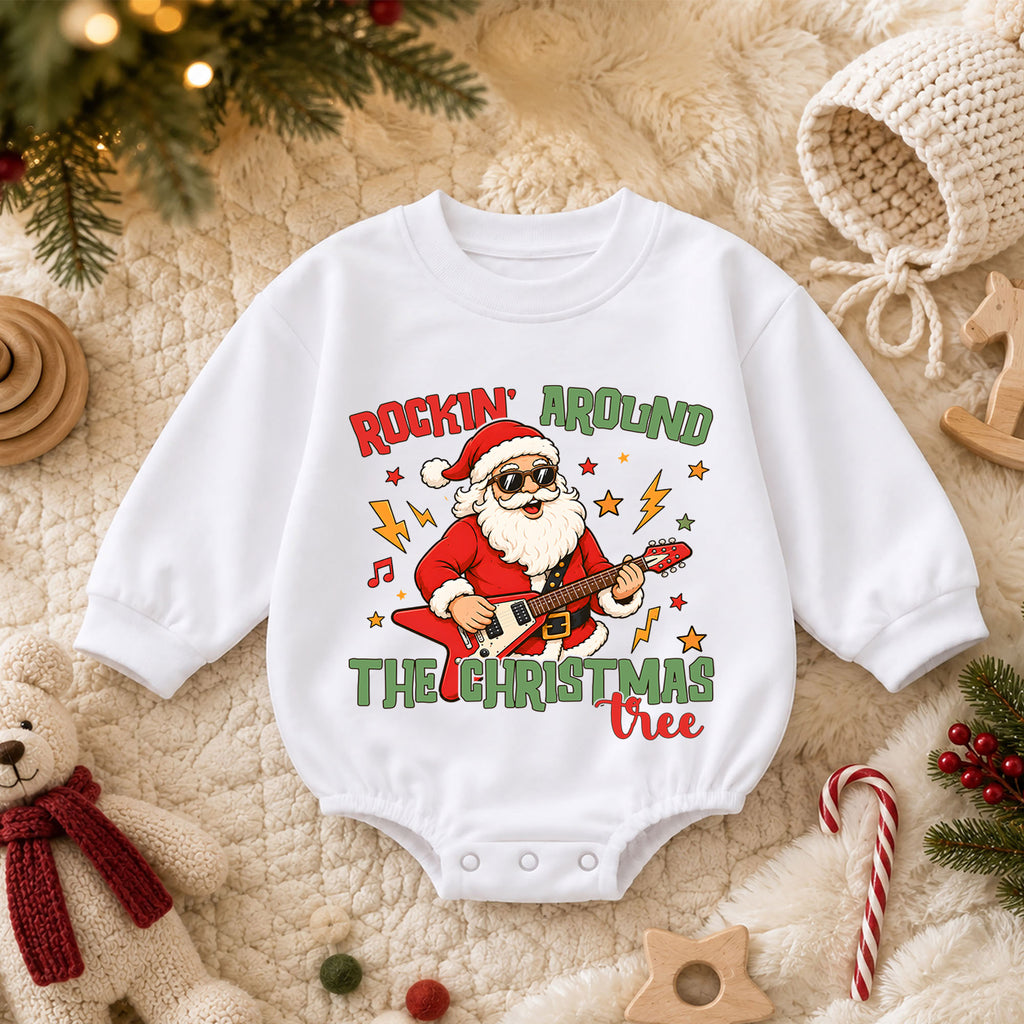 Rockin Around the Christmas Tree Santa Baby Romper, Santa Guitar Christmas Outfit, Rock and Roll Holiday Romper, Xmas Gift for Baby — product view 3
