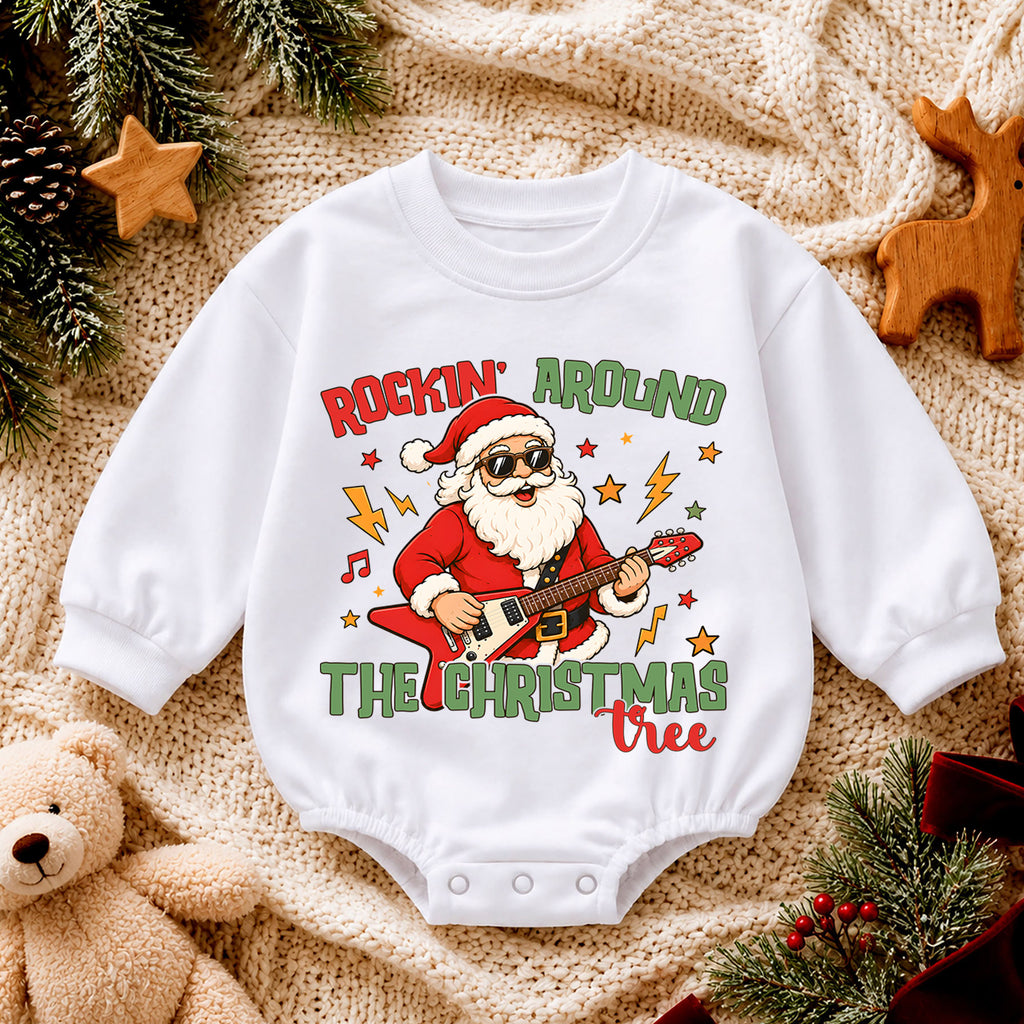 Rockin Around the Christmas Tree Santa Baby Romper, Santa Guitar Christmas Outfit, Rock and Roll Holiday Romper, Xmas Gift for Baby — product view 4