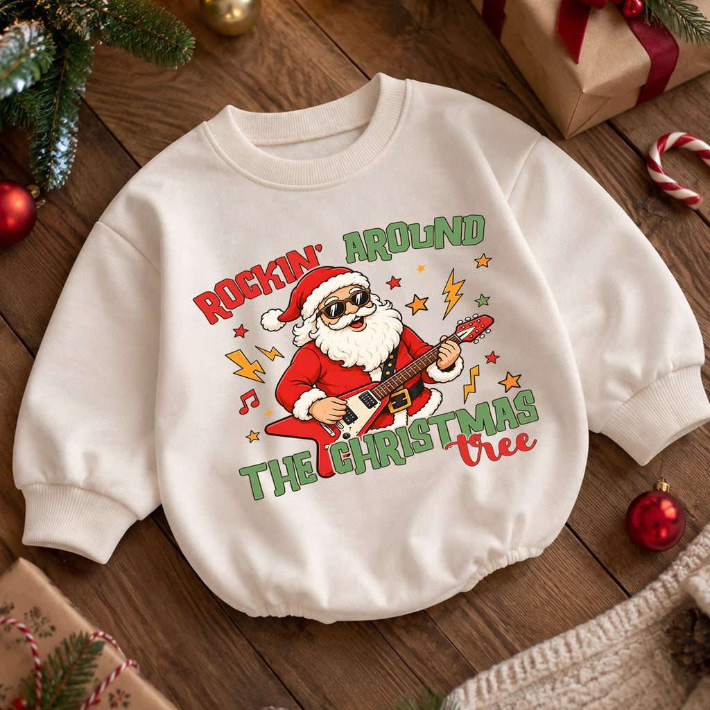 Rockin Around the Christmas Tree Santa Baby Romper, Santa Guitar Christmas Outfit, Rock and Roll Holiday Romper, Xmas Gift for Baby — product view 5