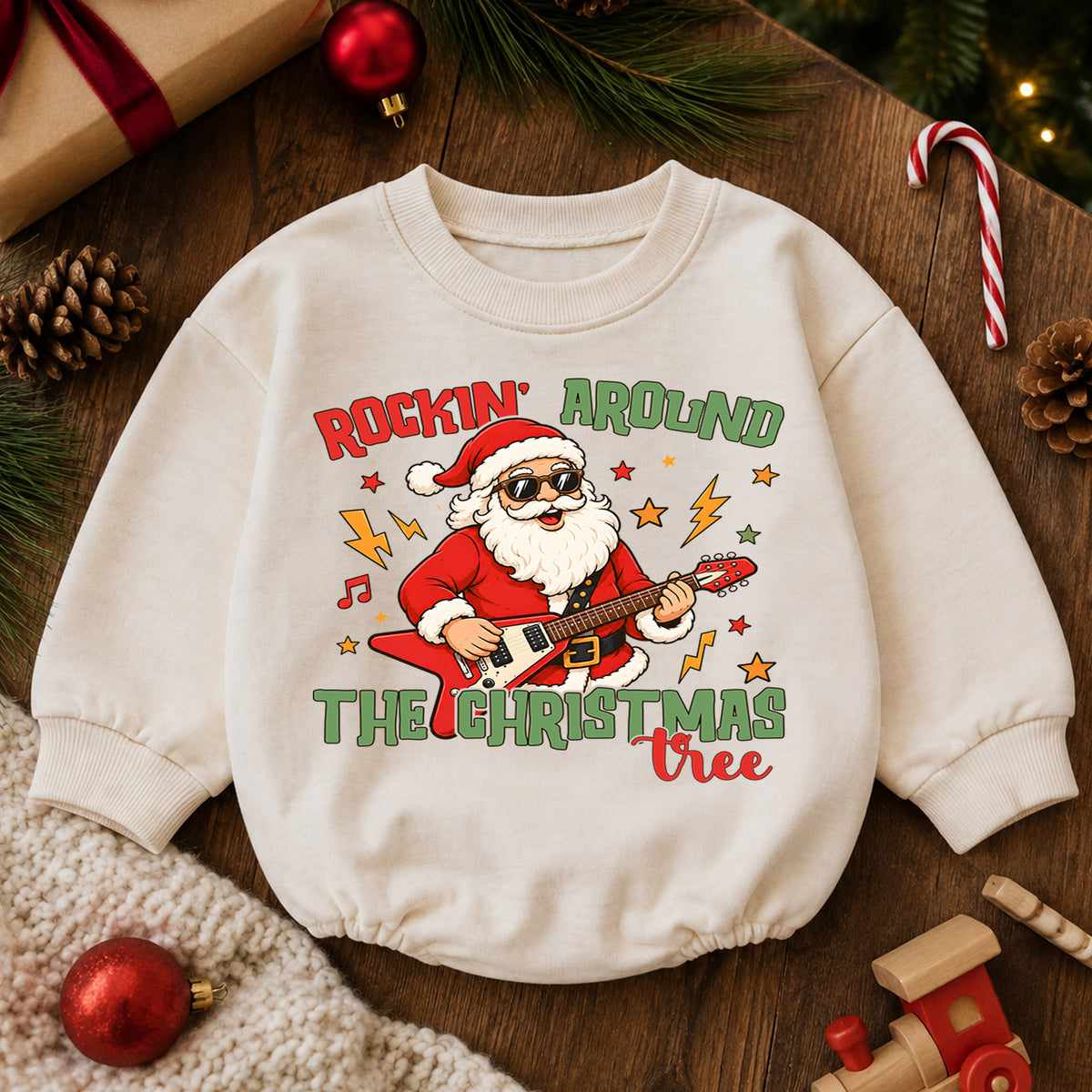 Rockin Around the Christmas Tree Santa Baby Romper, Santa Guitar Christmas Outfit, Rock and Roll Holiday Romper, Xmas Gift for Baby — product view 6
