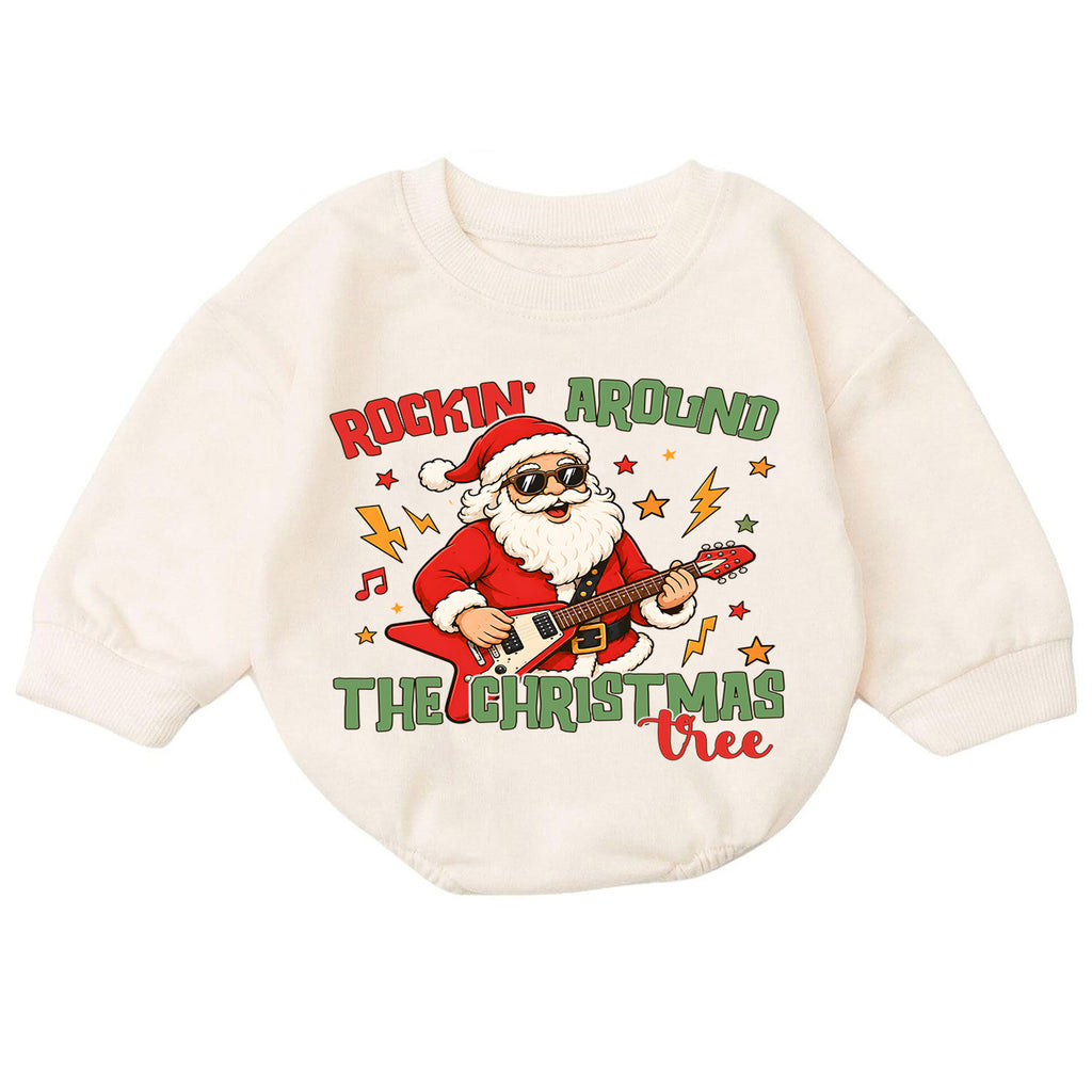Rockin Around the Christmas Tree Santa Baby Romper, Santa Guitar Christmas Outfit, Rock and Roll Holiday Romper, Xmas Gift for Baby — product view 7