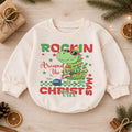 Rockin Around the Christmas Tree Dinosaur Baby Romper, T Rex Guitar Holiday Outfit, Funny Dino Christmas Romper Gift for Boys — product view 1