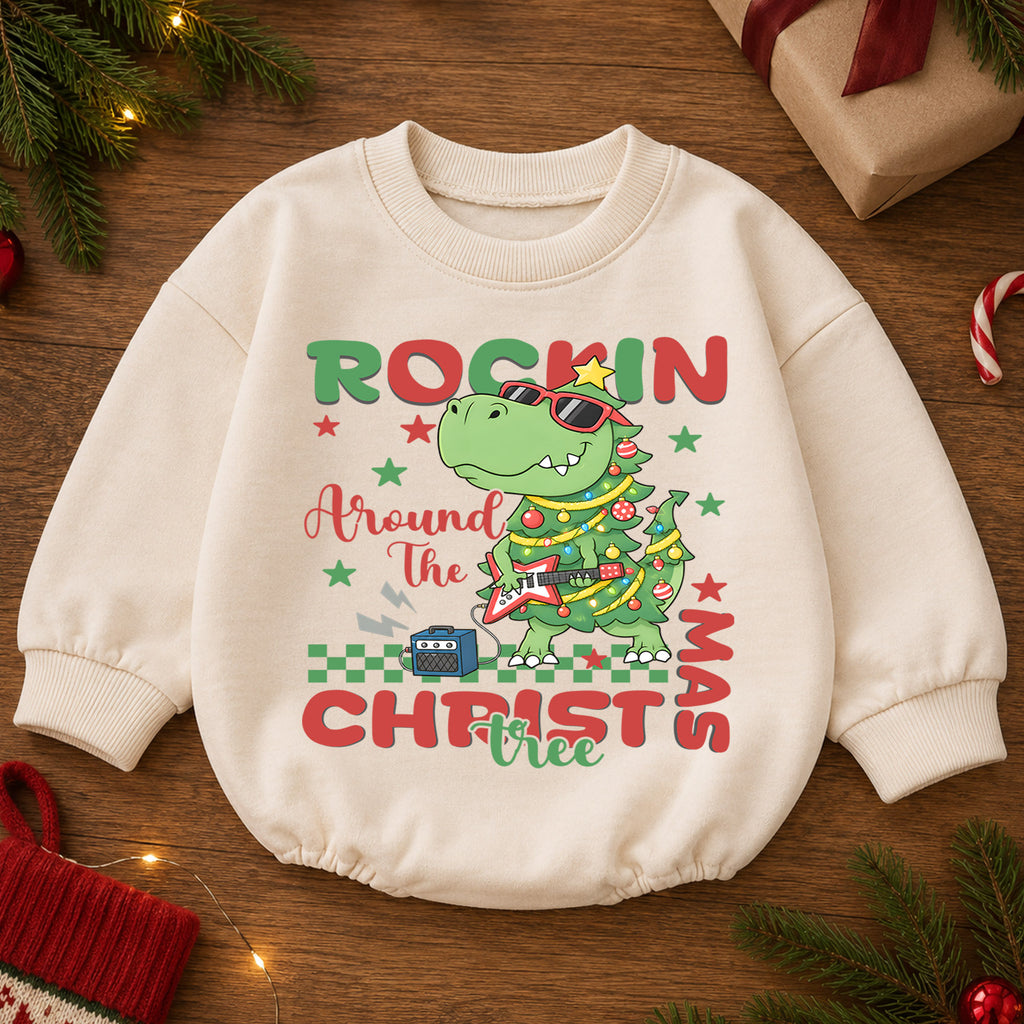 Rockin Around the Christmas Tree Dinosaur Baby Romper, T Rex Guitar Holiday Outfit, Funny Dino Christmas Romper Gift for Boys — product view 2