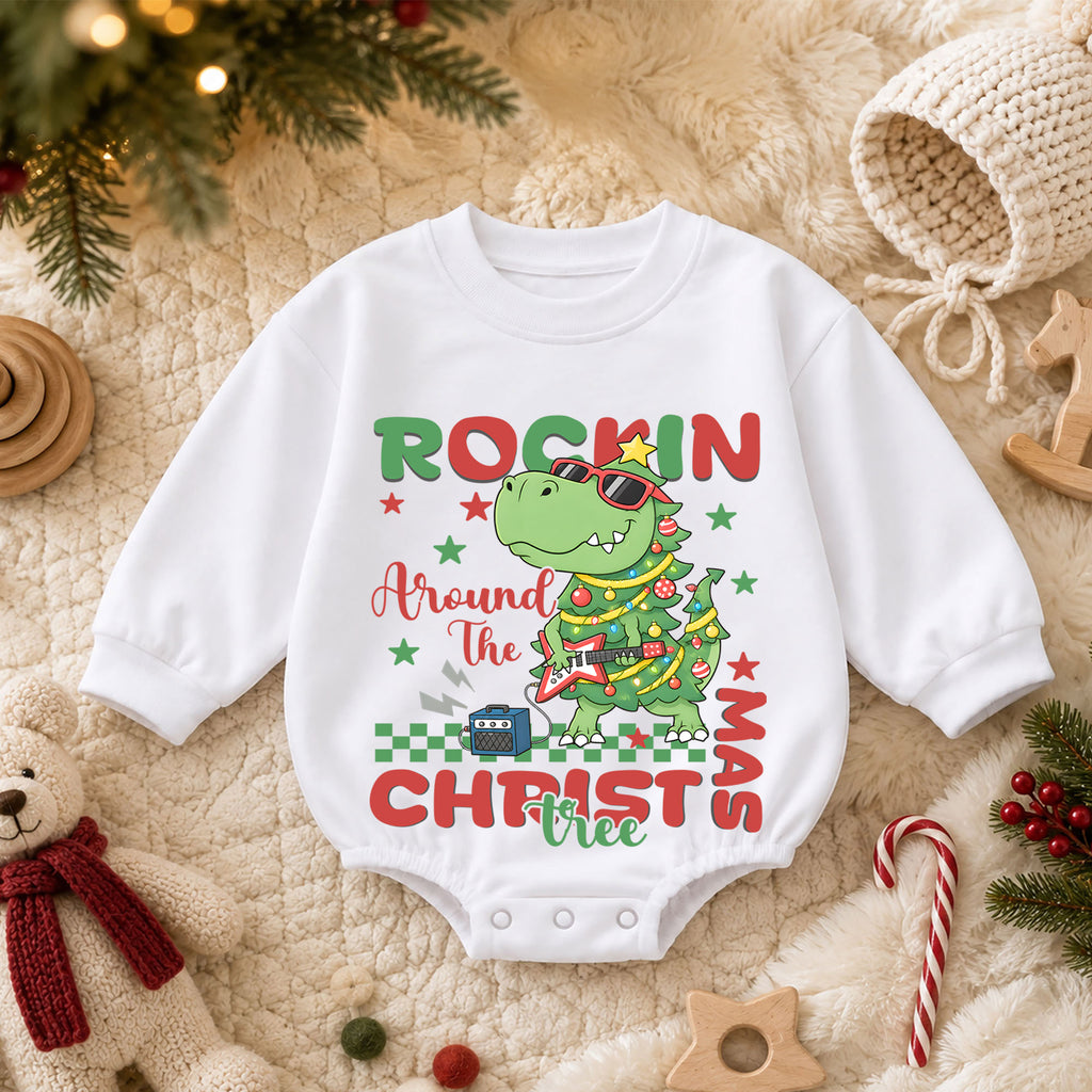 Rockin Around the Christmas Tree Dinosaur Baby Romper, T Rex Guitar Holiday Outfit, Funny Dino Christmas Romper Gift for Boys — product view 3