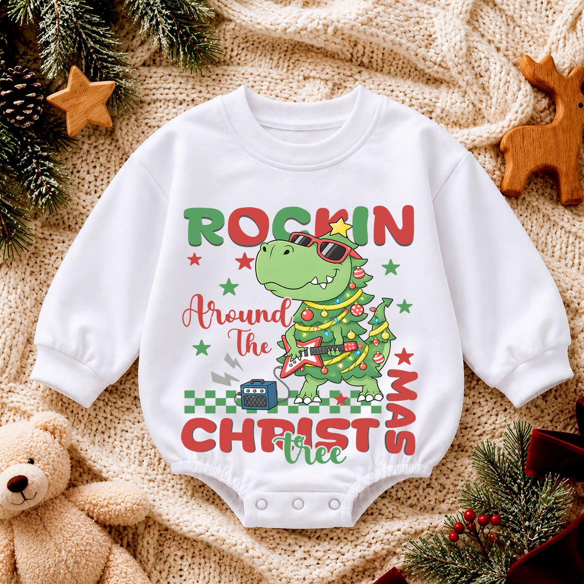 Rockin Around the Christmas Tree Dinosaur Baby Romper, T Rex Guitar Holiday Outfit, Funny Dino Christmas Romper Gift for Boys — product view 4