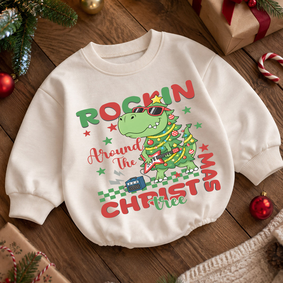 Rockin Around the Christmas Tree Dinosaur Baby Romper, T Rex Guitar Holiday Outfit, Funny Dino Christmas Romper Gift for Boys — product view 5