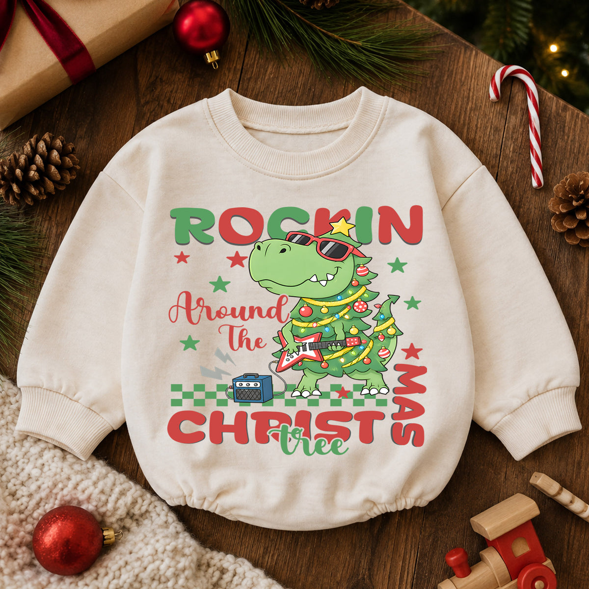 Rockin Around the Christmas Tree Dinosaur Baby Romper, T Rex Guitar Holiday Outfit, Funny Dino Christmas Romper Gift for Boys — product view 6