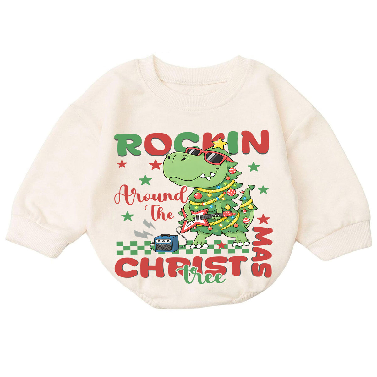 Rockin Around the Christmas Tree Dinosaur Baby Romper, T Rex Guitar Holiday Outfit, Funny Dino Christmas Romper Gift for Boys — product view 7