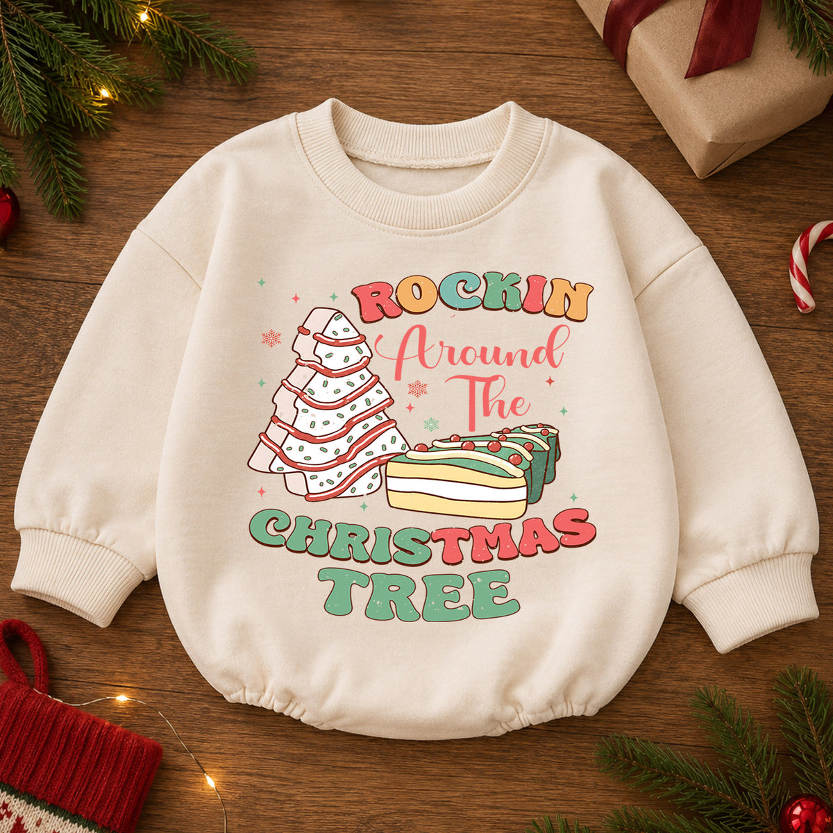 Rockin Around the Christmas Tree Snack Baby Romper, Christmas Tree Cake Holiday Outfit, Funny Food Xmas Romper Gift for Baby — product view 2