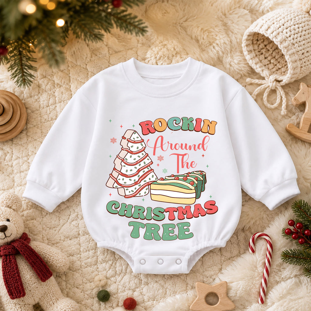 Rockin Around the Christmas Tree Snack Baby Romper, Christmas Tree Cake Holiday Outfit, Funny Food Xmas Romper Gift for Baby — product view 3