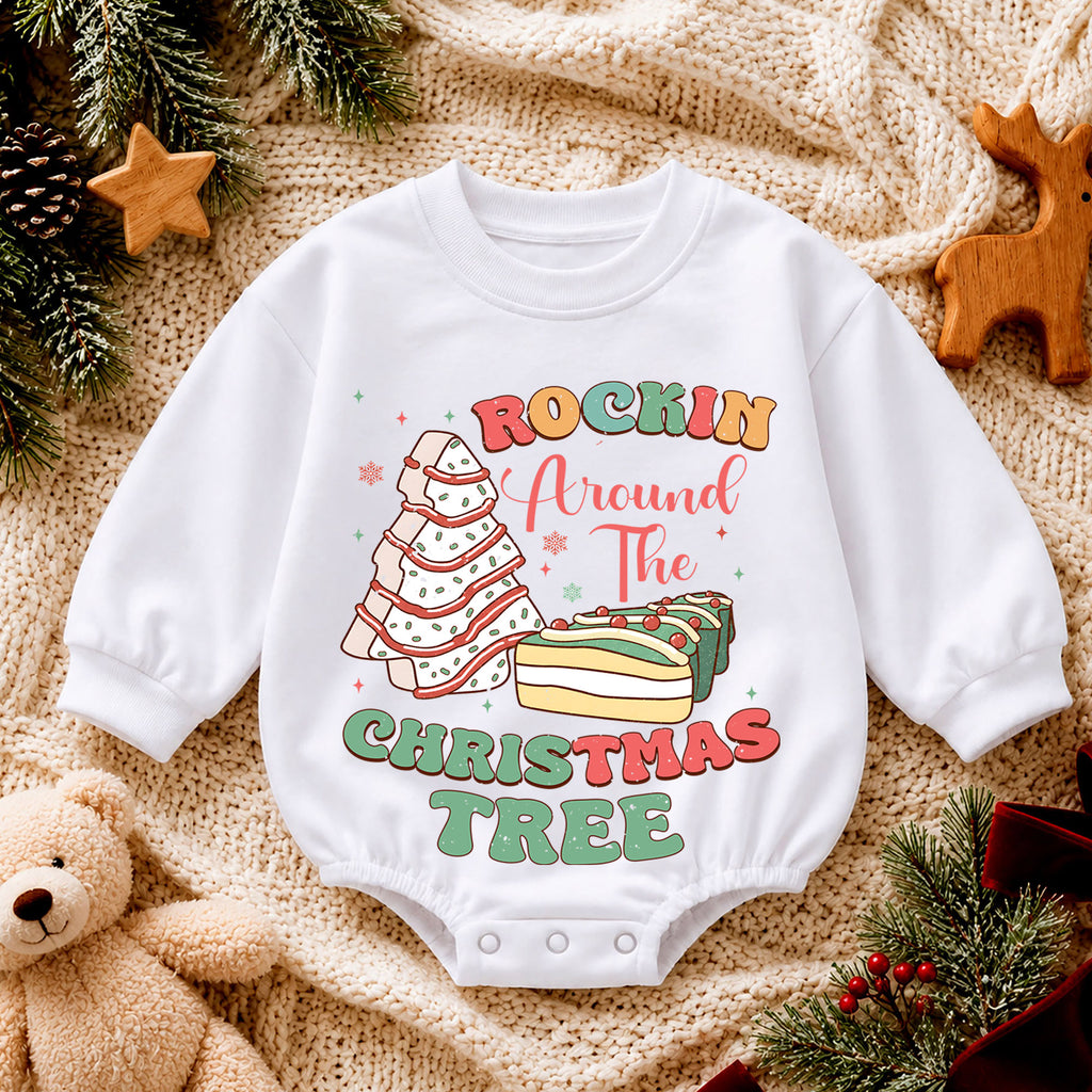 Rockin Around the Christmas Tree Snack Baby Romper, Christmas Tree Cake Holiday Outfit, Funny Food Xmas Romper Gift for Baby — product view 4