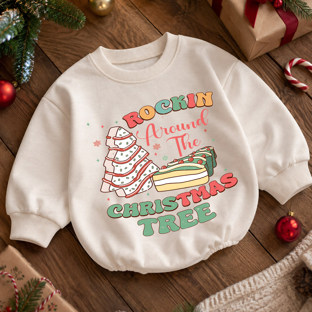 Rockin Around the Christmas Tree Snack Baby Romper, Christmas Tree Cake Holiday Outfit, Funny Food Xmas Romper Gift for Baby — product view 5