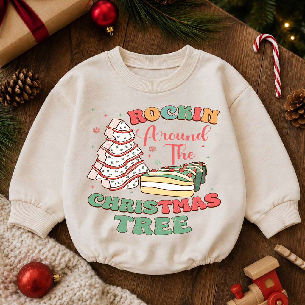 Rockin Around the Christmas Tree Snack Baby Romper, Christmas Tree Cake Holiday Outfit, Funny Food Xmas Romper Gift for Baby — product view 6