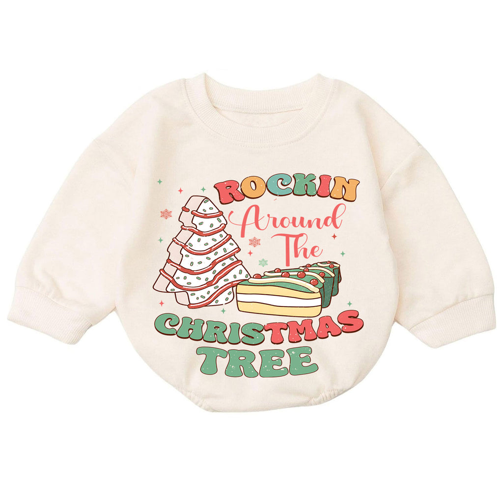 Rockin Around the Christmas Tree Snack Baby Romper, Christmas Tree Cake Holiday Outfit, Funny Food Xmas Romper Gift for Baby — product view 7