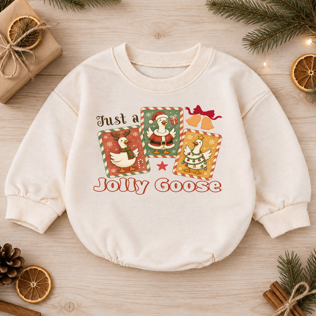 Just a Jolly Goose Christmas Baby Romper, Retro Goose Holiday Outfit, Toddler Xmas Romper, Cute 1st Christmas Gift for Baby — product view 1