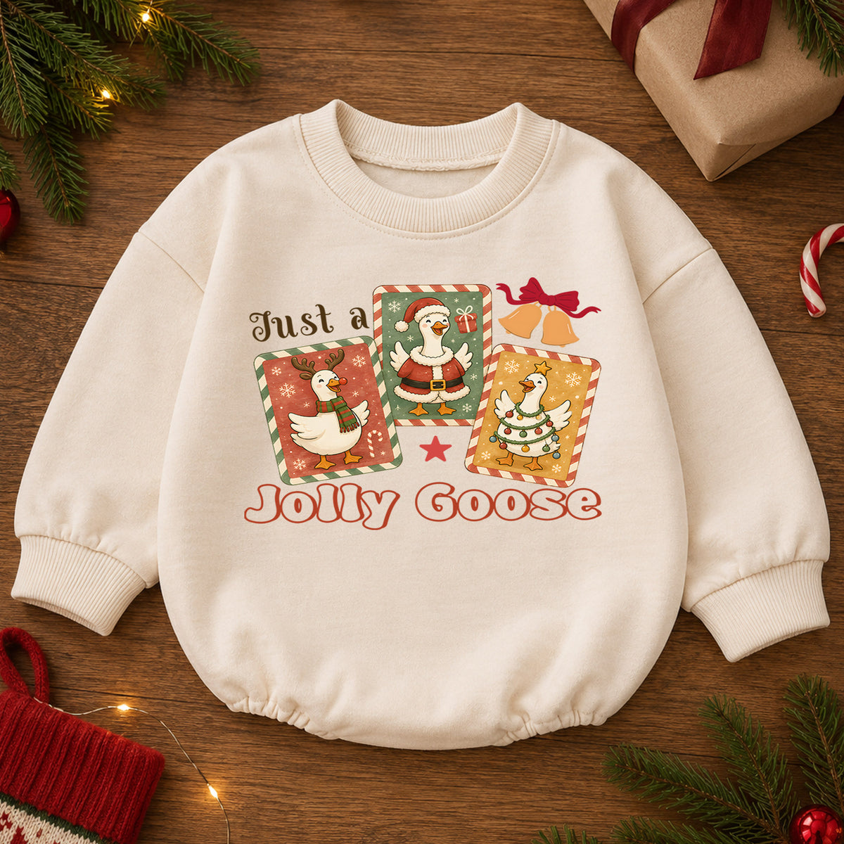 Just a Jolly Goose Christmas Baby Romper, Retro Goose Holiday Outfit, Toddler Xmas Romper, Cute 1st Christmas Gift for Baby — product view 2
