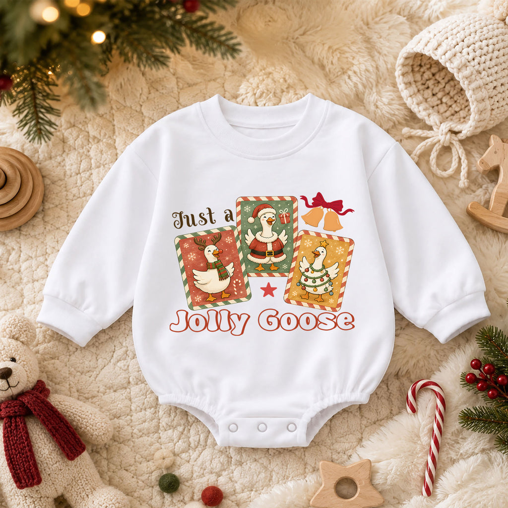 Just a Jolly Goose Christmas Baby Romper, Retro Goose Holiday Outfit, Toddler Xmas Romper, Cute 1st Christmas Gift for Baby — product view 3