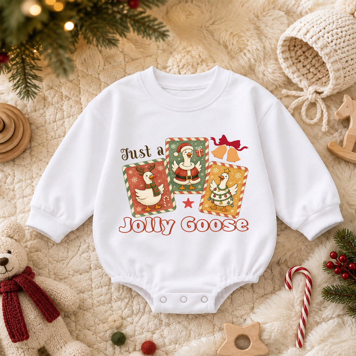 Just a Jolly Goose Christmas Baby Romper, Retro Goose Holiday Outfit, Toddler Xmas Romper, Cute 1st Christmas Gift for Baby — product view 3