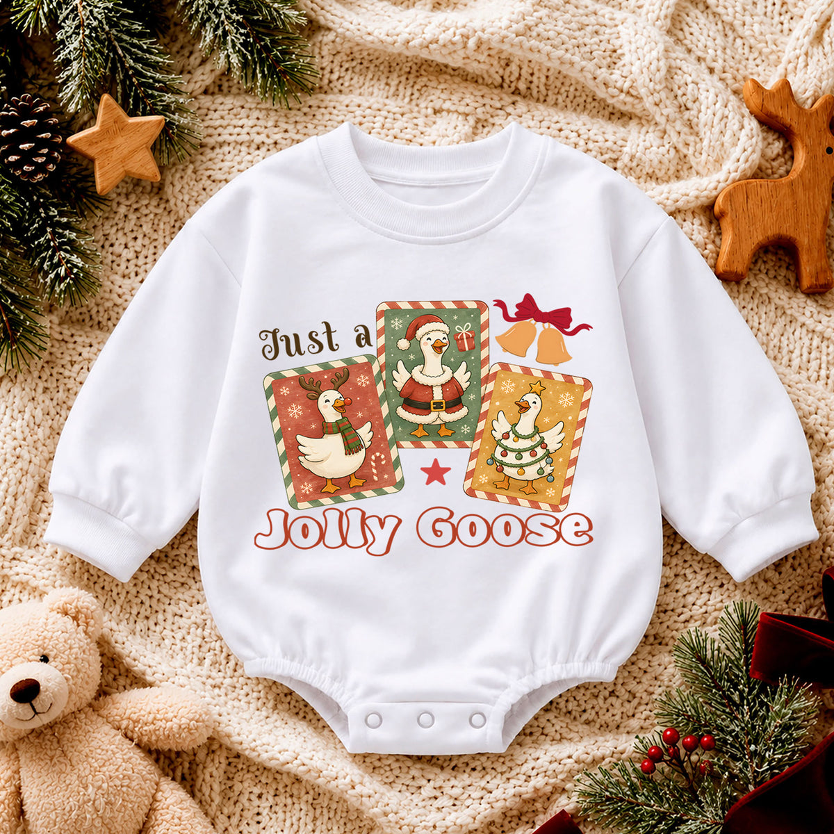 Just a Jolly Goose Christmas Baby Romper, Retro Goose Holiday Outfit, Toddler Xmas Romper, Cute 1st Christmas Gift for Baby — product view 4