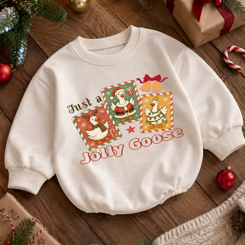 Just a Jolly Goose Christmas Baby Romper, Retro Goose Holiday Outfit, Toddler Xmas Romper, Cute 1st Christmas Gift for Baby — product view 5