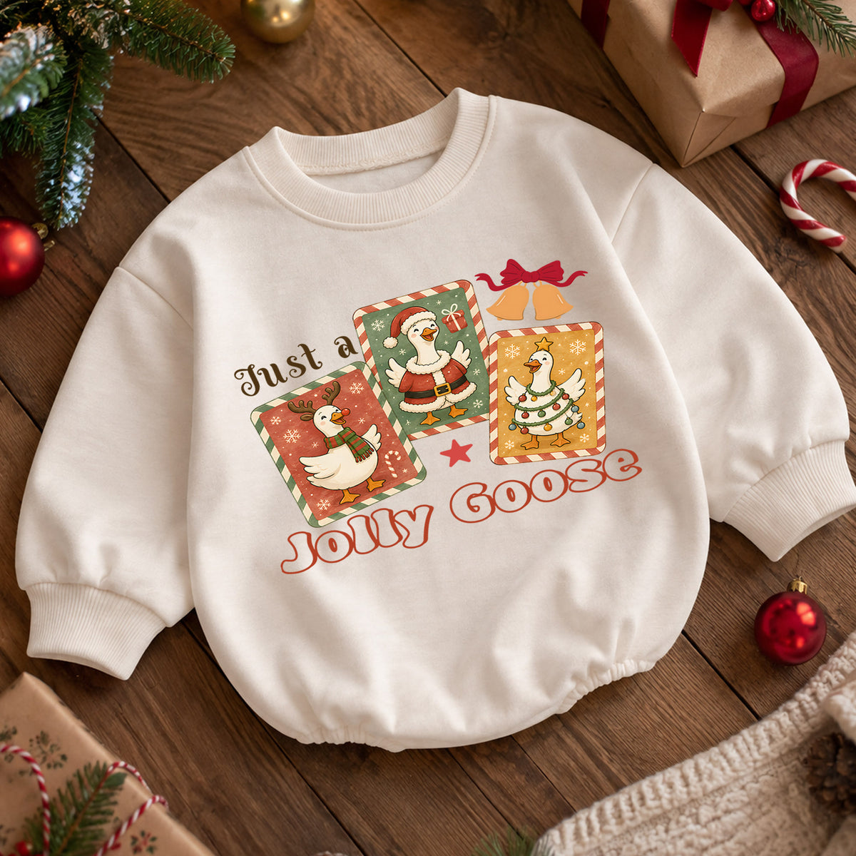 Just a Jolly Goose Christmas Baby Romper, Retro Goose Holiday Outfit, Toddler Xmas Romper, Cute 1st Christmas Gift for Baby — product view 5