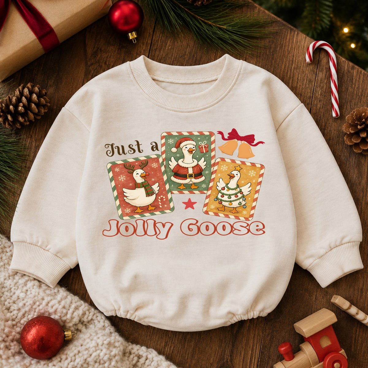 Just a Jolly Goose Christmas Baby Romper, Retro Goose Holiday Outfit, Toddler Xmas Romper, Cute 1st Christmas Gift for Baby — product view 6