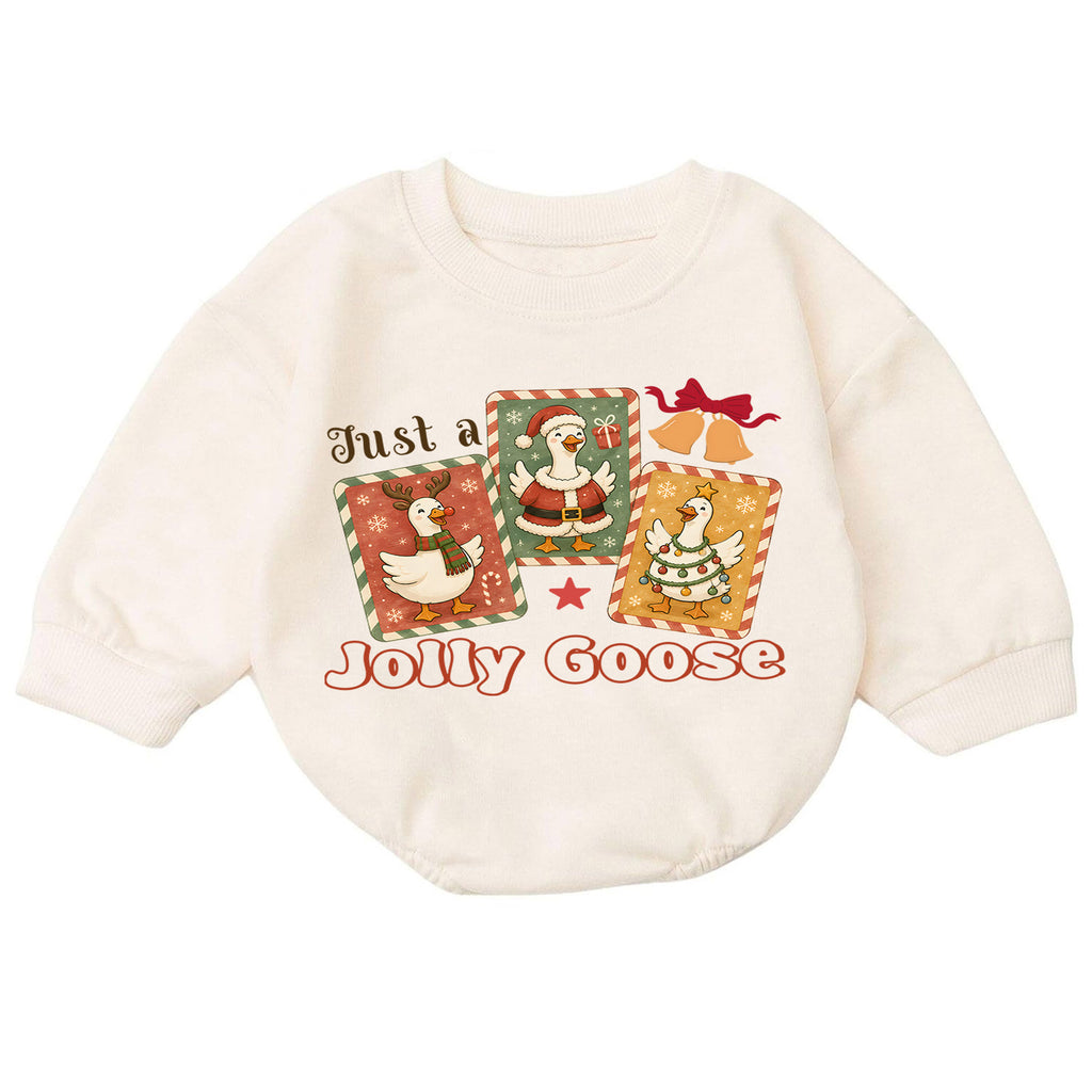 Just a Jolly Goose Christmas Baby Romper, Retro Goose Holiday Outfit, Toddler Xmas Romper, Cute 1st Christmas Gift for Baby — product view 7